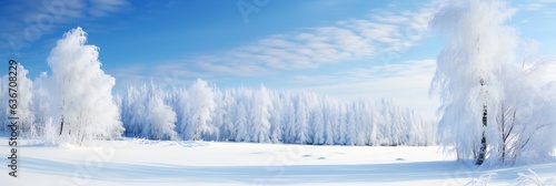 Snowy landscape at sunny day, frozen trees in winter, blue sky, banner. Generative ai © Yulia