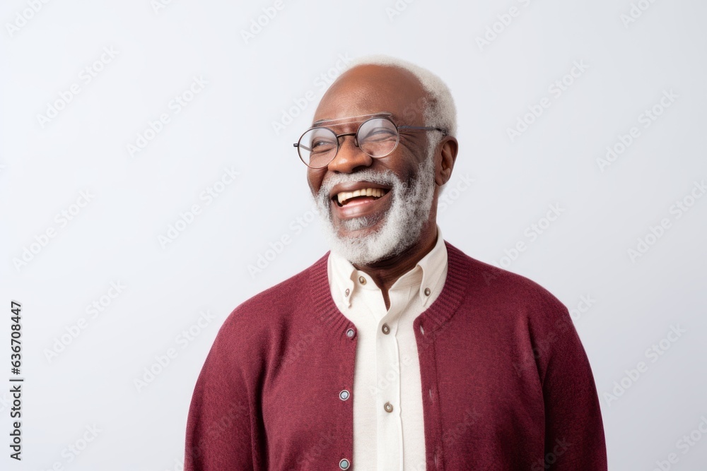 Lifestyle portrait of a Nigerian man in his 80s in a white background wearing a chic cardigan