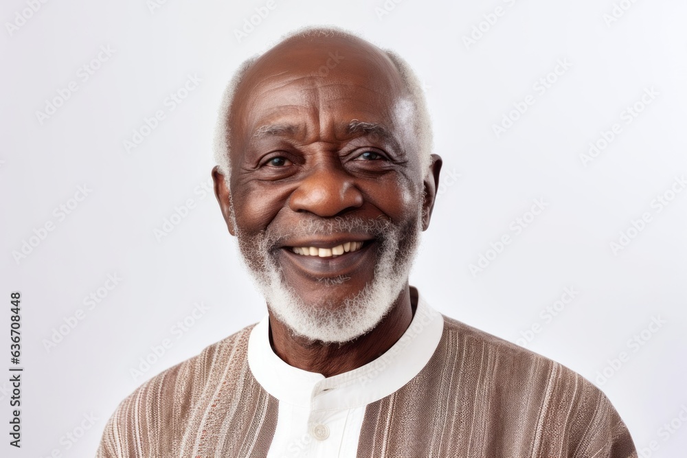 Medium shot portrait of a Nigerian man in his 80s in a white background wearing a chic cardigan Medium shot portrait of a Nigerian man in his 80s in a white background wearing a chic cardigan