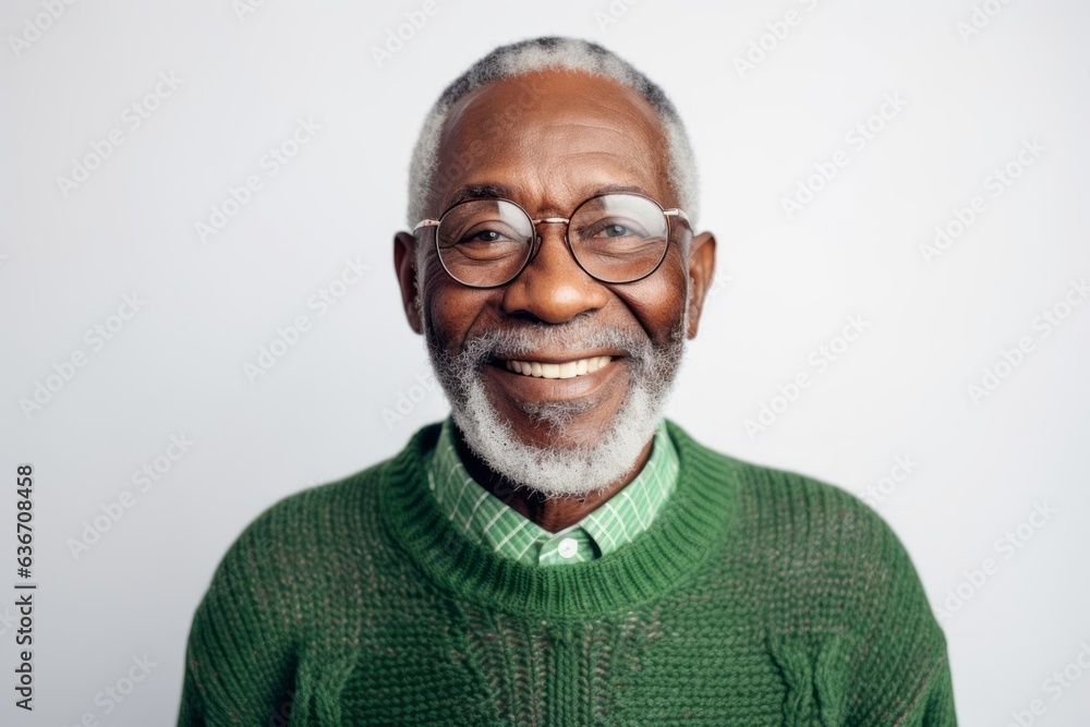 Lifestyle portrait of a Nigerian man in his 80s in a white background wearing a chic cardigan Lifestyle portrait of a Nigerian man in his 80s in a white background wearing a chic cardigan
