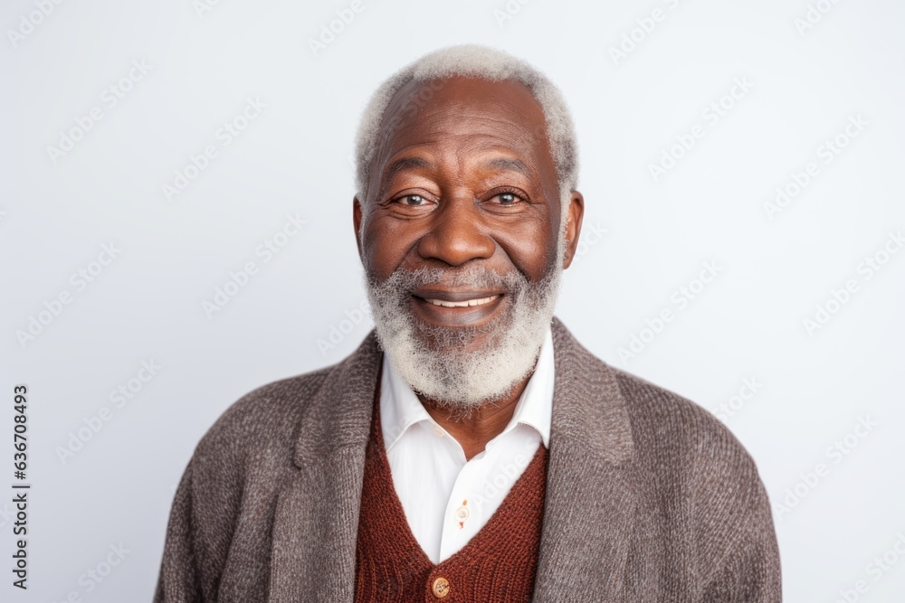 Medium shot portrait of a Nigerian man in his 80s in a white background wearing a chic cardigan Medium shot portrait of a Nigerian man in his 80s in a white background wearing a chic cardigan