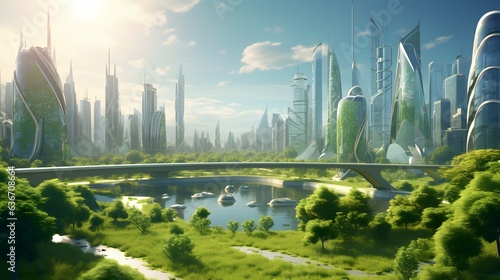 Futuristic green eco nature landscape full of surreal fantasy skyscrapers  ai generative