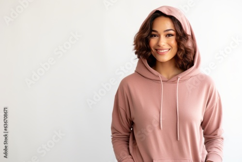 Portrait of a beautiful woman in a pink hoodie on a white background