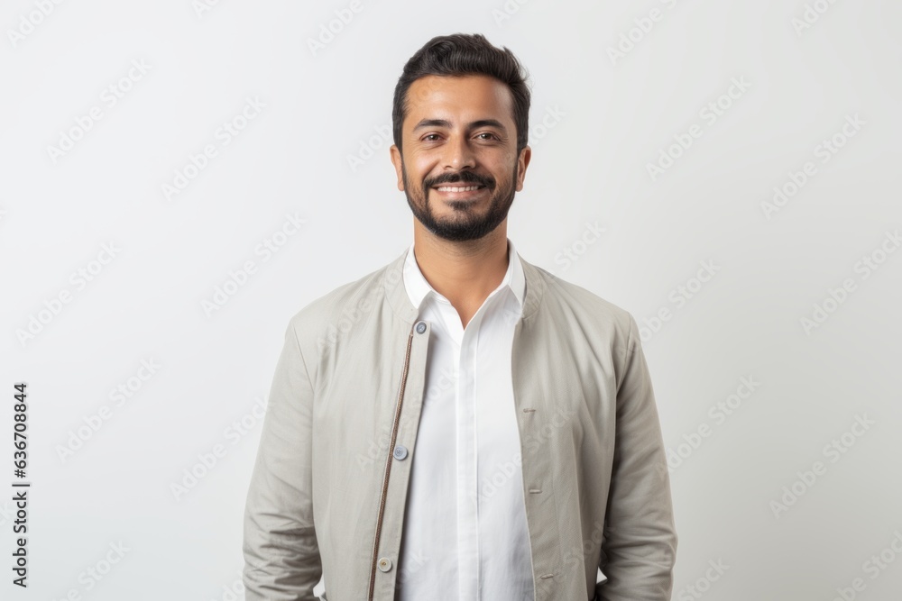 Portrait of handsome Indian man smiling at camera while standing against white background