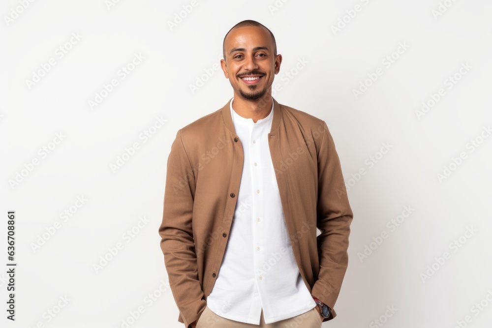 happy african american man in beige jacket on white background happy african american man in beige jacket on white background