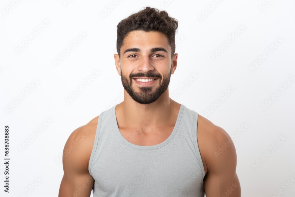 Portrait of a handsome young man smiling at the camera while standing against white background Portrait of a handsome young man smiling at the camera while standing against white background