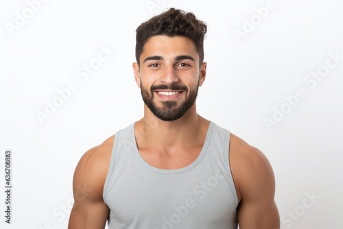 Portrait of a handsome young man smiling at the camera while standing against white background