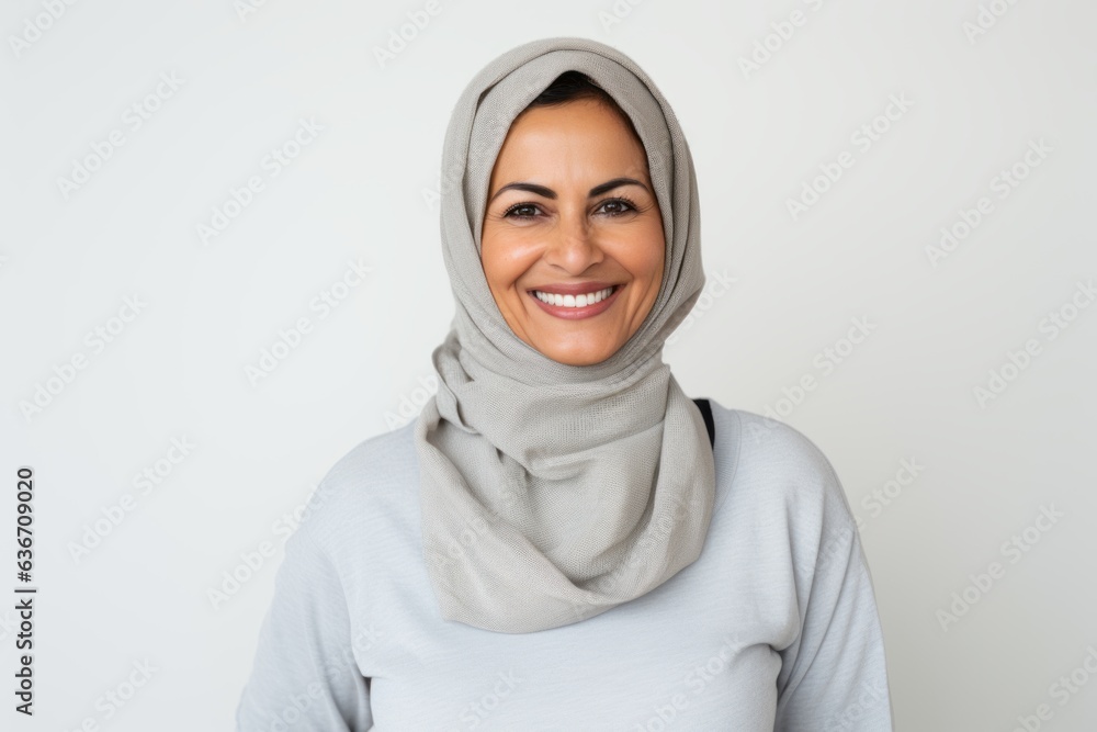 Portrait of happy muslim woman in hijab looking at camera over white background Portrait of happy muslim woman in hijab looking at camera over white background