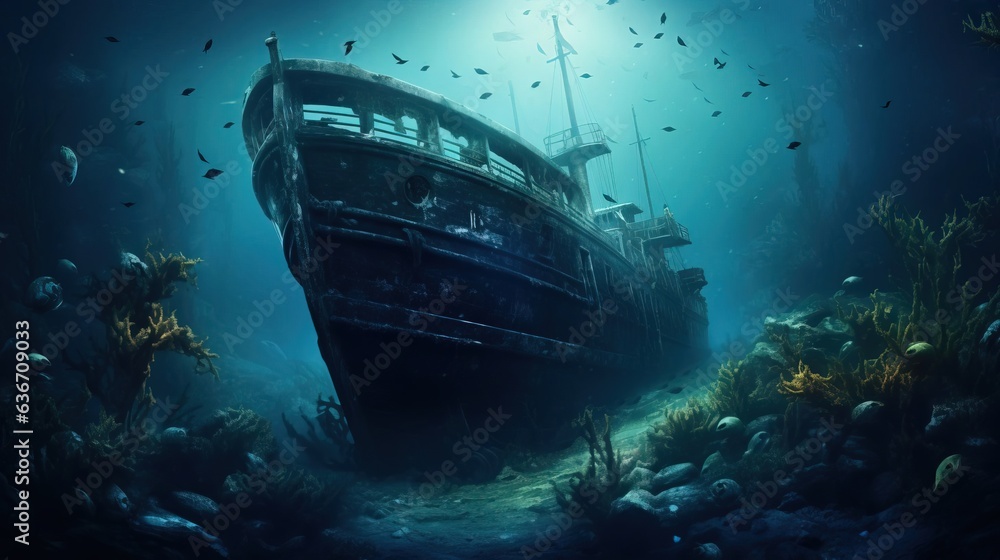 A sunken ship at the bottom of the dark depths of the ocean. Created using generative AI technology. A sunken ship at the bottom of the dark depths of the ocean. Created using generative AI technology.