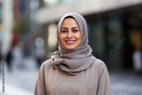 portrait of muslim woman in hijab smiling at camera in city