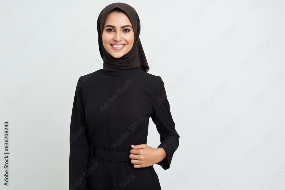 Portrait of happy muslim woman in hijab smiling at camera over white background Portrait of happy muslim woman in hijab smiling at camera over white background