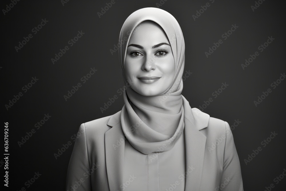Fototapeta premium portrait of beautiful muslim woman wearing hijab, black and white
