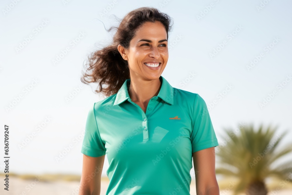 Portrait of a happy young woman in green polo shirt on the beach Portrait of a happy young woman in green polo shirt on the beach
