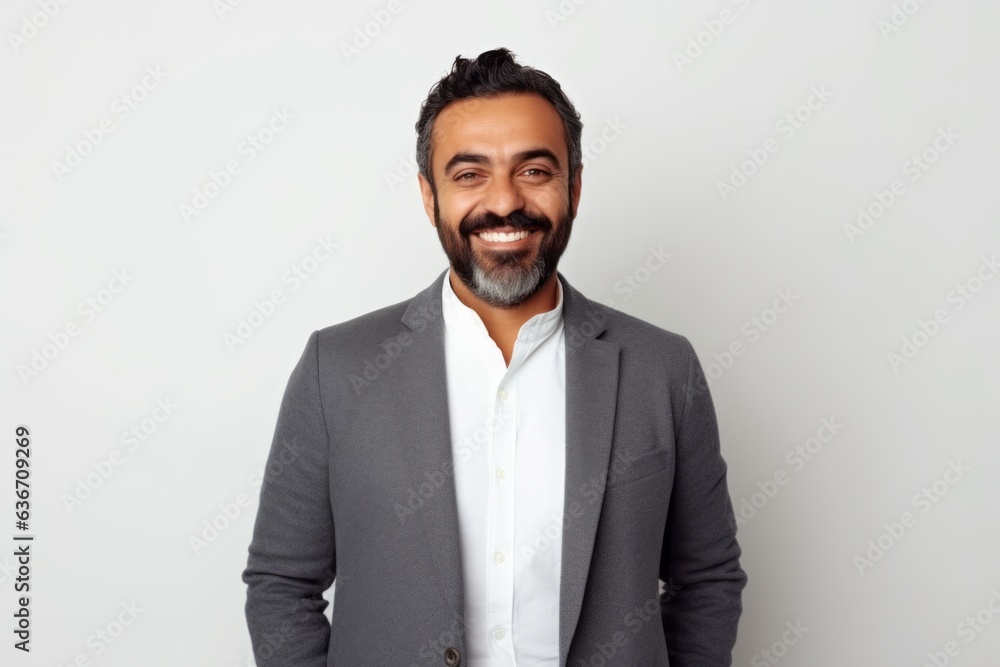 Portrait of a smiling bearded Indian businessman standing against white background. Portrait of a smiling bearded Indian businessman standing against white background.