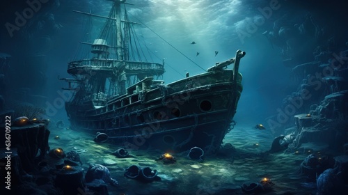 A sunken ship at the bottom of the dark depths of the ocean. Created using generative AI technology.