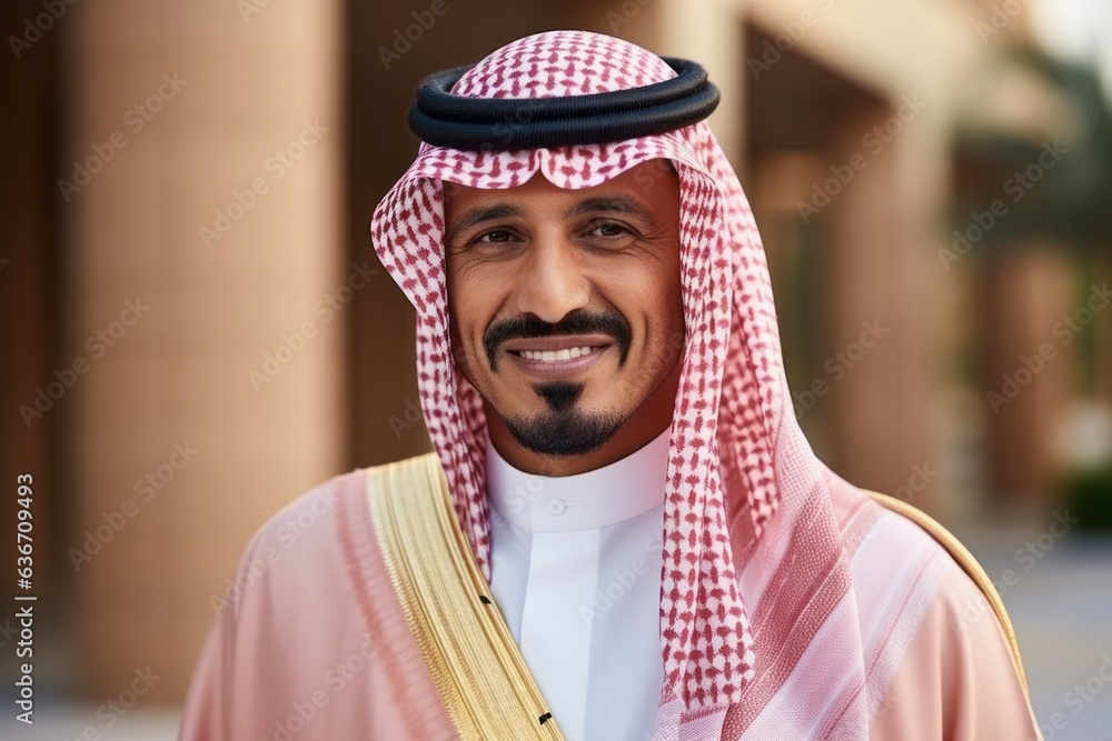 Portrait of smiling arabian man in traditional clothes walking outdoors Portrait of smiling arabian man in traditional clothes walking outdoors