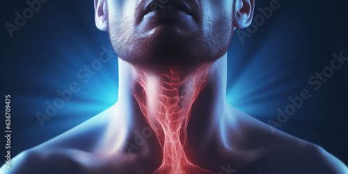 Sore throat, 3d rendering illustration style, throbbing sore throat and neck. Copy space, horizontal wallpaper. photo