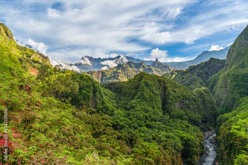 Landscape with National Park and tropical rainforest of Reunion Island, French departement in the Indian Ocean photo