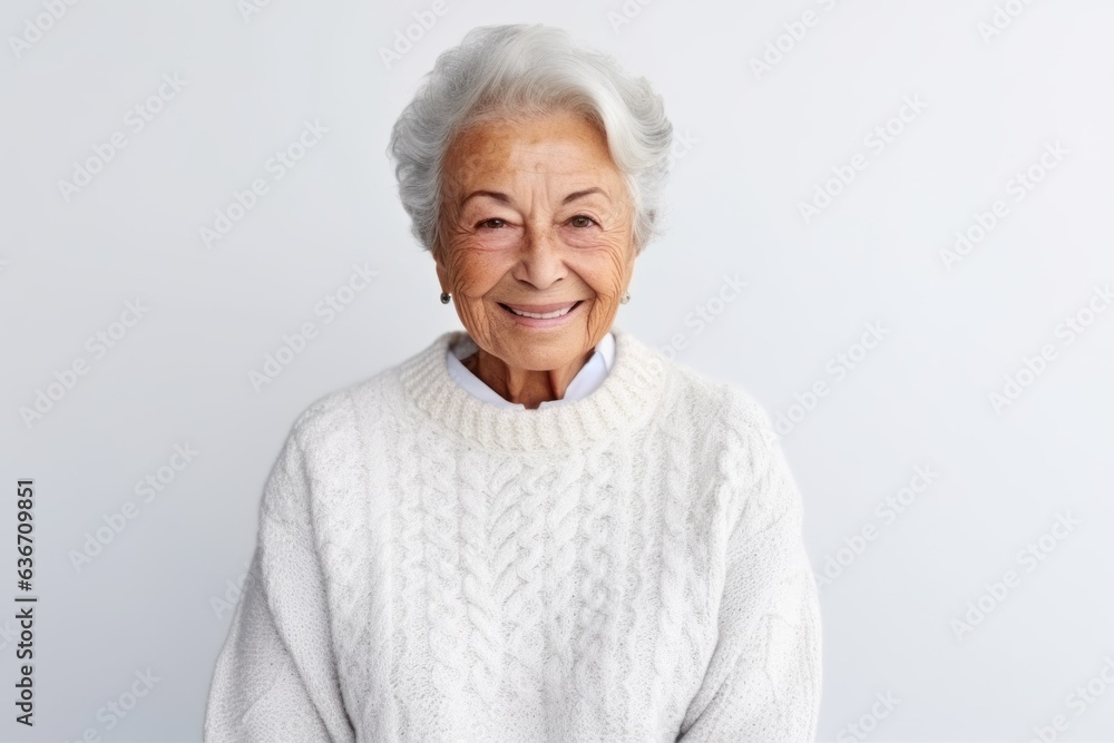 Portrait of smiling senior woman in sweater looking at camera over white background Portrait of smiling senior woman in sweater looking at camera over white background