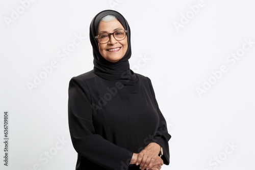 Portrait of a smiling mature muslim woman wearing hijab and glasses