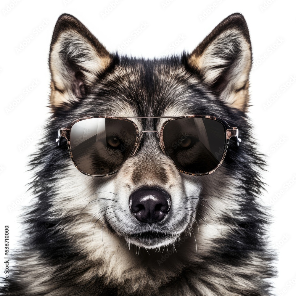 close-up of Wolf with sunglasses on white background