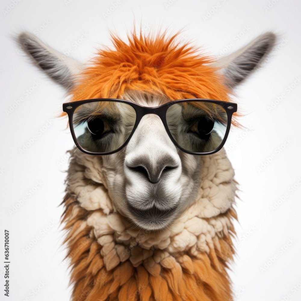 close-up of Llama with sunglasses on white background