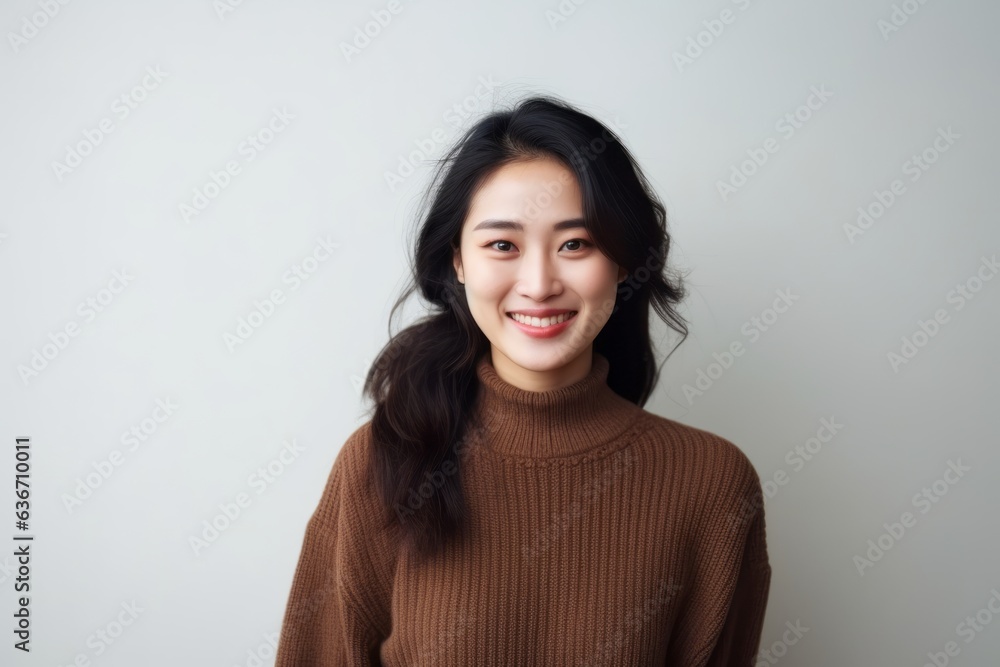 Portrait of smiling asian woman in brown sweater on white background Portrait of smiling asian woman in brown sweater on white background