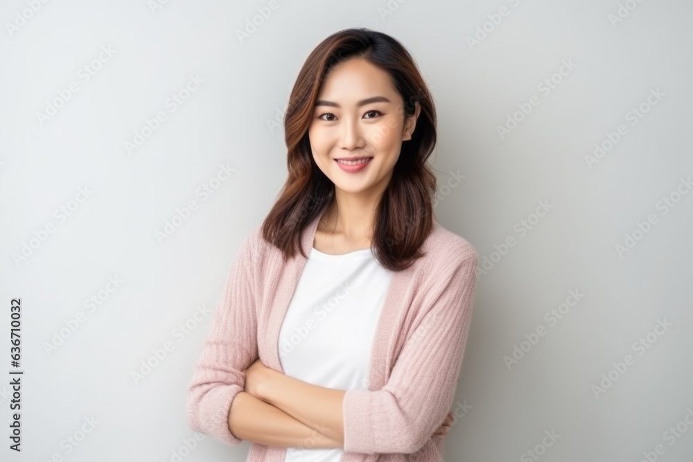 Medium shot portrait of a Chinese woman in her 30s in a minimalist or empty room background wearing a chic cardigan Medium shot portrait of a Chinese woman in her 30s in a minimalist or empty room background wearing a chic cardigan