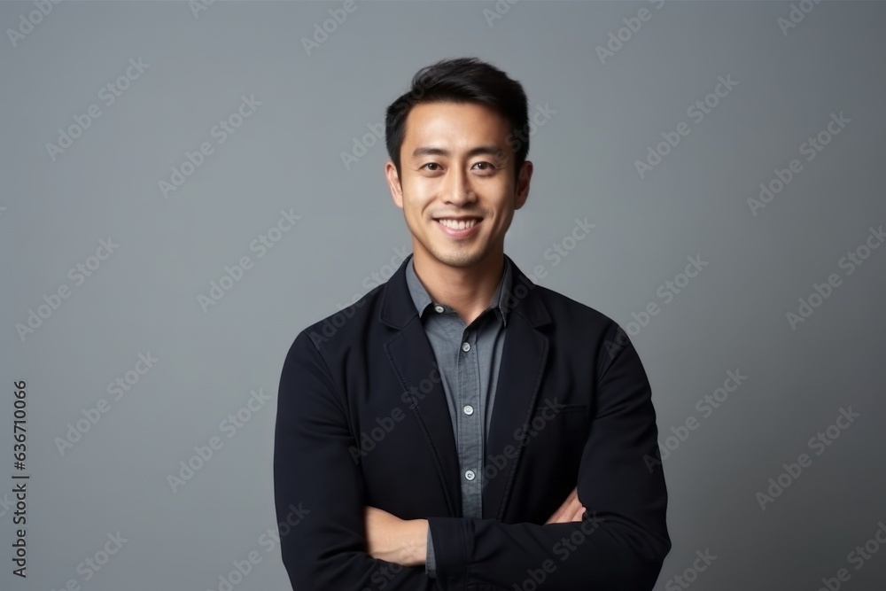 Portrait of a smiling young asian business man, isolated on gray background Portrait of a smiling young asian business man, isolated on gray background