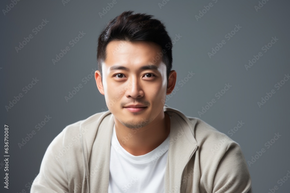 Portrait of young handsome asian man on grey background, studio shot Portrait of young handsome asian man on grey background, studio shot