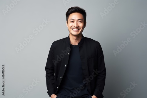 Portrait of a smiling young asian man in black jacket against grey background