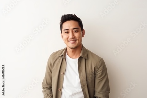 Portrait of a handsome young asian man smiling against white background