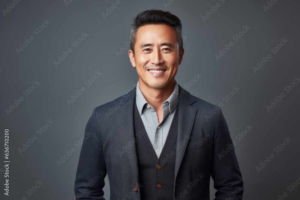 Portrait of a handsome asian businessman smiling at camera on grey background Portrait of a handsome asian businessman smiling at camera on grey background