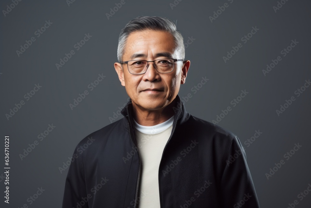 Portrait of mature Asian man in black jacket and eyeglasses Portrait of mature Asian man in black jacket and eyeglasses