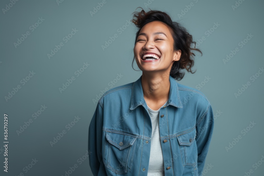 Portrait of a happy young asian woman laughing isolated over gray background Portrait of a happy young asian woman laughing isolated over gray background