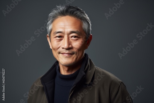 Portrait of a happy asian man looking at camera isolated on grey background