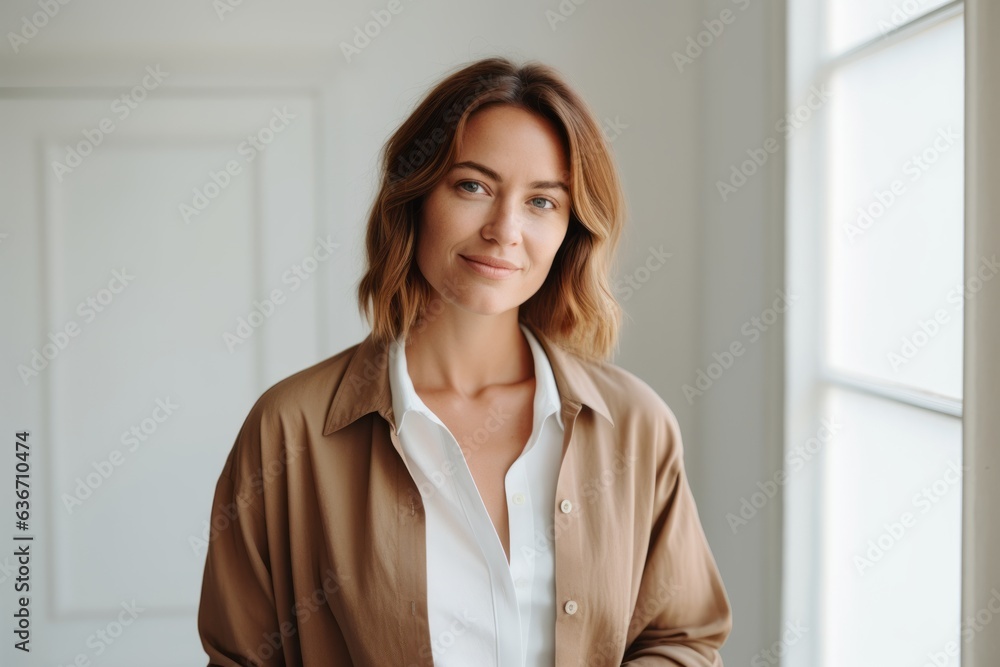 Portrait of a beautiful young woman in beige shirt standing near the window. Portrait of a beautiful young woman in beige shirt standing near the window.