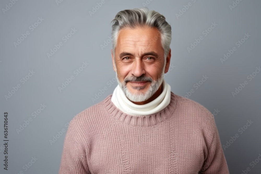 Portrait of a senior man with grey hair and a white beard in a pink sweater on a gray background Portrait of a senior man with grey hair and a white beard in a pink sweater on a gray background