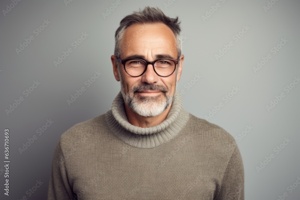 Lifestyle portrait of a Russian man in his 50s in a minimalist or empty room background wearing a chic cardigan Lifestyle portrait of a Russian man in his 50s in a minimalist or empty room background wearing a chic cardigan