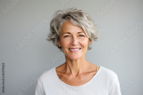 Portrait of smiling senior woman with grey hair standing against grey background