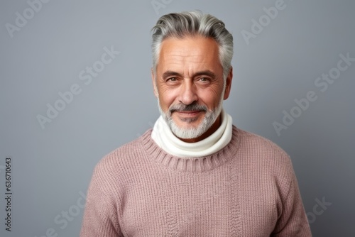 Portrait of a senior man with grey hair and a white beard in a pink sweater on a gray background © Anne-Marie Albrecht