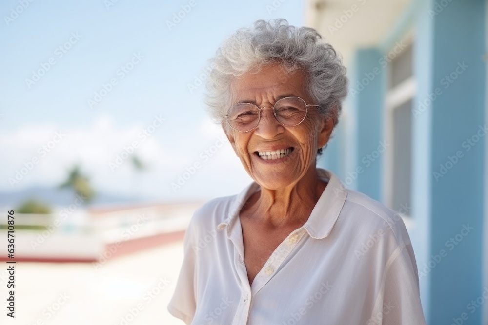 Portrait of smiling senior woman standing outside on terrace of house Portrait of smiling senior woman standing outside on terrace of house