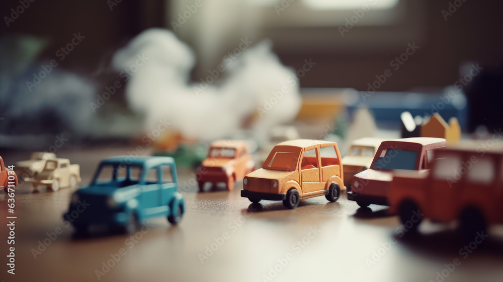 Kids paper car and traffic fumes - CO2 carbone dioxide control concept. - obrazy, fototapety, plakaty 
