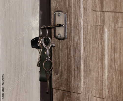 One of the keys is in a bunch in the keyhole of the door.