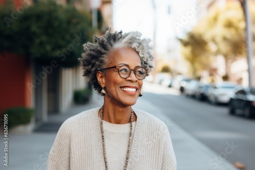 Portrait of smiling african american woman in eyeglasses standing on street