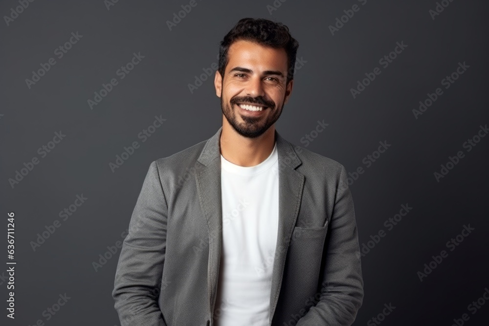 Handsome young man looking at camera and smiling while standing against grey background Handsome young man looking at camera and smiling while standing against grey background