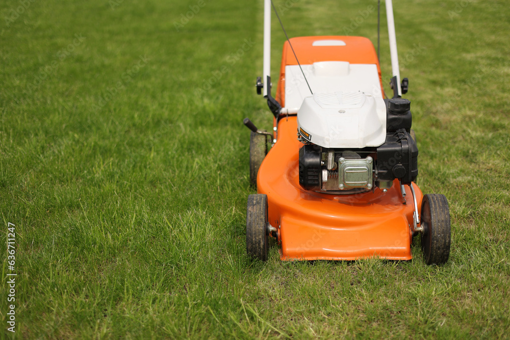 Top view of modern orange-grey electric lawn mower cutting bright lush green grass. Gardening work tools. Rotary lawn mower machine on lawn. Professional lawn care service. Place for text Top view of modern orange-grey electric lawn mower cutting bright lush green grass. Gardening work tools. Rotary lawn mower machine on lawn. Professional lawn care service. Place for text
