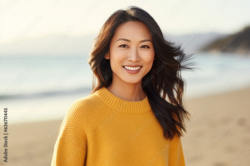 happy asian woman in yellow sweater on beach, looking at camera happy asian woman in yellow sweater on beach, looking at camera