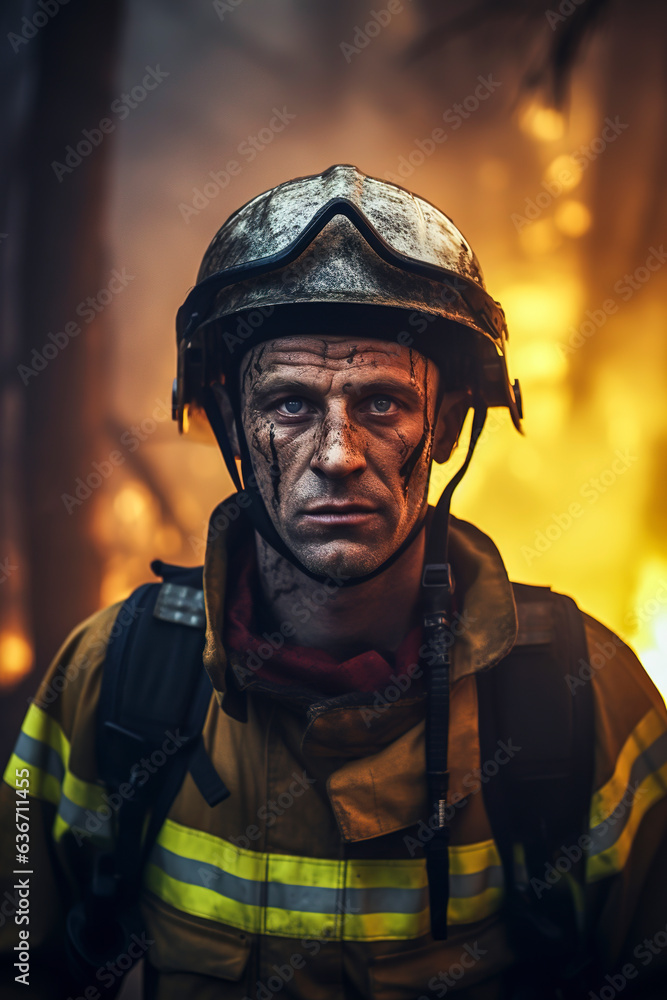 Generative AI illustration of a firefighter putting out a fire in the forest surrounded by flames Generative AI illustration of a firefighter putting out a fire in the forest surrounded by flames
