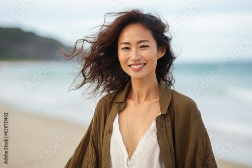 Portrait of happy young asian woman standing on the beach.
